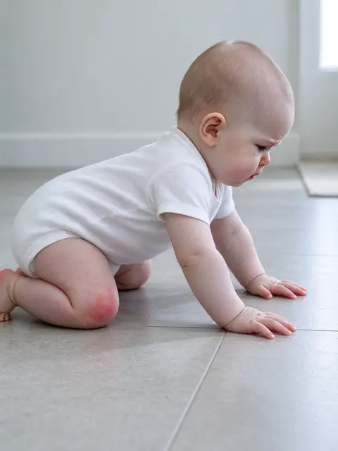 Bebê engatinhando no piso frio de cerâmica com o joelho vermelho